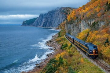 Wall Mural - Train traveling along coastline with cliffs and autumn forest