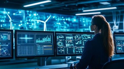 Fototapete - Engineers monitor advanced technologies in a futuristic energy control center for optimal performance and efficiency