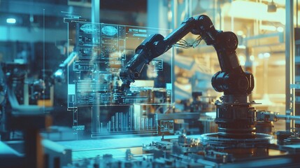 Poster - Robotic arm in a factory environment adjusts components with precision and efficiency for automated manufacturing processes
