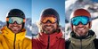 © Irina Ukrainets - Three smiling skiers showcase their colorful gear on a clear mountain day. Each wears a unique helmet and goggles. Perfect for sports, winter activities, or adventure themes. AI