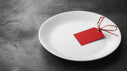 A blank white plate accompanied by a price tag in red and black represents the concept of food prices and inflation. The image emphasizes food prices with ample copy space for text.