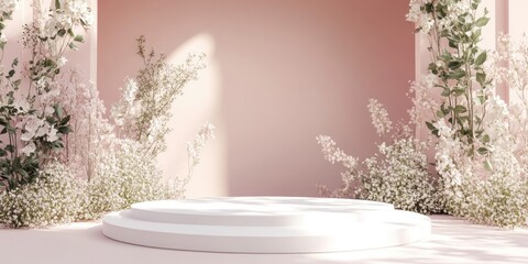 Canvas Print - An empty white podium positioned against a pastel pink backdrop embracing a natural aesthetic and theme. The combination emphasizes a soft, serene atmosphere.