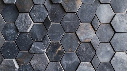 Sticker - Dark gray hexagon tiles background creates a modern and stylish ambiance, ideal for various designs. The dark gray hexagon tiles background offers an elegant touch with ample copy space.