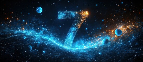number seven glowing with blue and orange lights in a galaxy filled with stars.