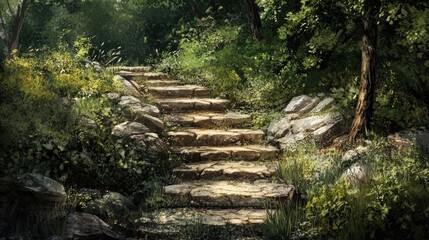 Sticker - Stony steps lead downwards, inviting exploration among nature, with a focus on the descending path that weaves through the natural scenery, perfect for a tranquil outdoor experience.