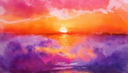Poster - Dreamy Watercolor Sunset Sky with Radiant Layers of Orange, Pink, and Purple Hues, Capturing the Soft, Tranquil Beauty of a Summer Evening Horizon. Ideal for Calming Backgrounds or Artistic Designs