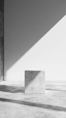 Poster - dramatic shadows play across a minimalist white wall, highlighting a solitary concrete block in a tr