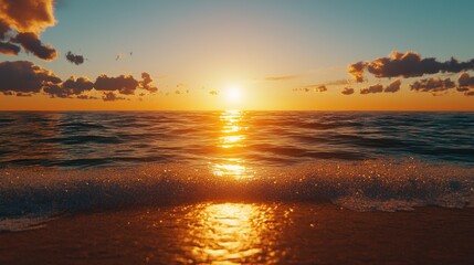 Wall Mural - a serene sunset over calm ocean waves, reflecting vibrant colors in the sky.