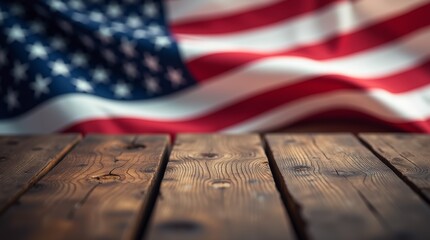 Wall Mural - Wooden table with blurred American flag background. Patriotic and Independence Day concept. Banner with copy space