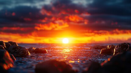 Wall Mural - stunning sunset over the ocean, reflecting vibrant colors on calm waters and rocky shore.