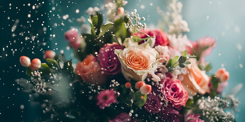 Sticker - Floral Rain: A vibrant bouquet of roses and blossoms, drenched in a refreshing shower of water droplets.  The image evokes feelings of freshness, romance, and celebration. 