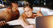© peopleimages.com - Couple, hot tub and selfie with tablet, together and night on holiday, love or shaka sign at luxury resort. Woman, man and pout with emoji for memory, app and comic profile picture for social network