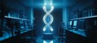 © Bilal - The rotating hologram of human DNA floats in the center of a minimalistic lab, bathed in cool blue light as the surrounding computers and machines quietly record every twist and turn of the strand.