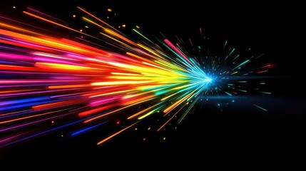 Poster - A dynamic AI-generated illustration of vibrant neon colors exploding in a burst against a dark black background, creating an energetic and modern abstract design
