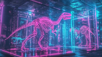 Poster - A futuristic scene with radiant neon pink, blue, and purple holograms depicting skeletal dinosaur silhouettes, blending technology and prehistoric life in a mesmerizing visual