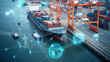 © Kornwit - Ships docking at a smart port, with IoT-enabled sensors guiding them to available berths and monitoring cargo unloading