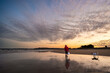© Cavan Images - Young child and dog walking on beach at sunset