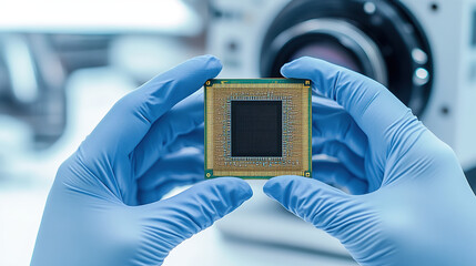 Close up photo of a blue gloved hand holding an anti-tank chip against a clean white laboratory background showing fine detail in high resolution, demonstrating technological precision.