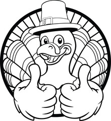 Wall Mural - A turkey pilgrim hat Thanksgiving cartoon bird Christmas mascot giving a thumbs up