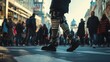 © santi - A person with prosthetic robotic legs navigating a busy street, blending in with a crowd of pedestrians.
