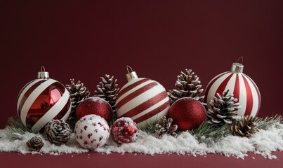 A red and white striped ball is surrounded by other red and white balls