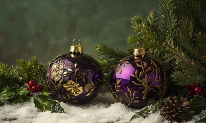 Two purple glass ornaments with gold designs sit on a snowy ground next to some