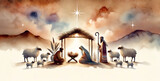 Fototapeta Panele - Nativity scene in Bethlehem. Christmas scene illustration showing Holy Family baby Jesus in the manger Mary and Joseph. Watercolor painting. Banner Copy space