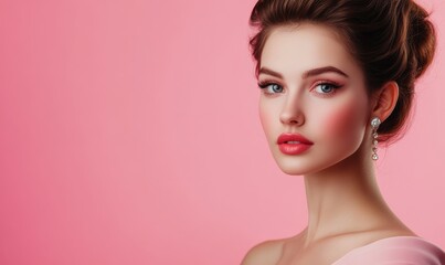 fashionable elegant woman on light pink background with copyspace for your text