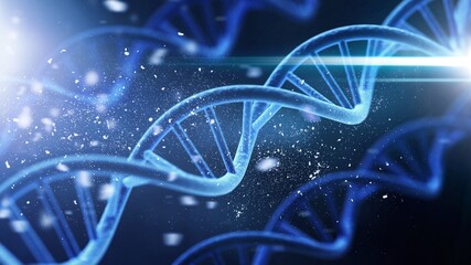 Wall Mural - Spiral DNA double helix structure on blue background.