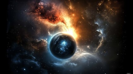 a blue and black planet surrounded by colorful nebula in space.