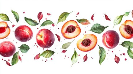 Fresh, red peaches, cut into juicy slices, are displayed on a white background. You can easily remove the background using the included clipping paths.