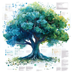 vibrant tree infographic showcasing various shades of blue and green, surrounded by informative elem