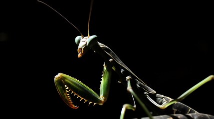 A Close-Up View of a Praying Mantis Against a Black Background