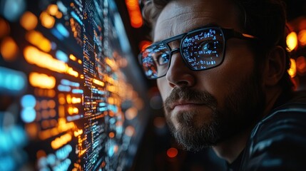 A man in glasses looks intently at a screen with data and code reflected in his eyes.