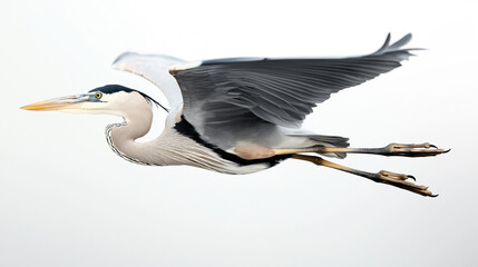 Wall Mural - Close-up of a great blue heron in flight with wings spread, showcasing detailed feathers and long legs against a neutral background.