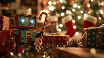 Wall Mural - A charming robot holds a candy cane amidst festive decorations, bright lights, and colorful gifts, capturing the holiday spirit in a cozy setting.