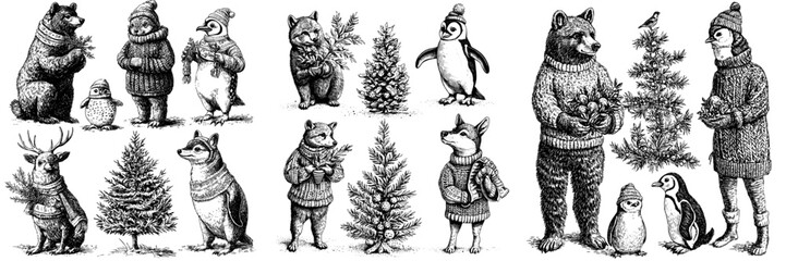 Wall Mural - An isolated modern set of happy forest animals surrounded by Christmas trees in winter