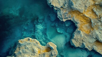 Wall Mural - Aerial view of vibrant mineral formations in a turquoise geothermal pool, AI