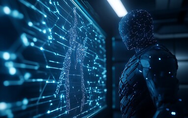 Aufkleber - A futuristic humanoid figure interacts with a digital display featuring intricate blue circuitry and glowing patterns, suggesting advanced technology and artificial intelligence.