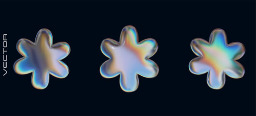 Wall Mural - three holographic chrome element in y2k style. 3d abstract flower isolated on dark background. vecto