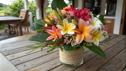 Sticker - Elegant Bouquet of Tropical Flowers Arranged Beautifully on a Wooden Table. Generative AI