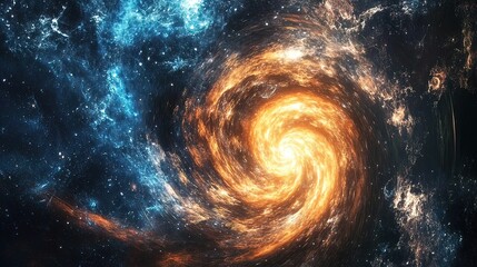 Wall Mural - A fiery orange and blue spiral galaxy swirls in a black starry sky.