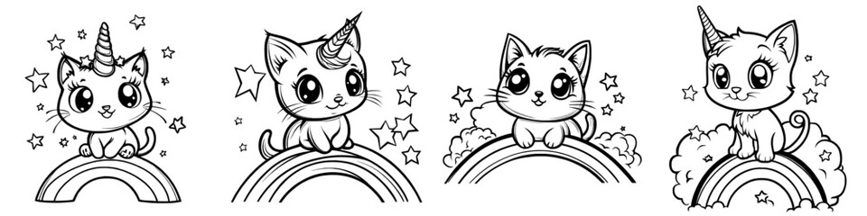 The unicorn kitten sits on a rainbow. Linear contour drawing in black and white for children's coloring books.