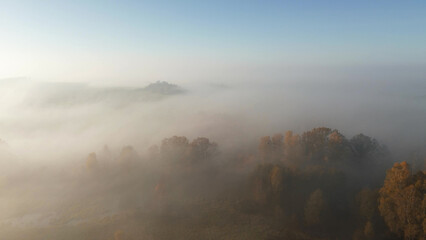 Canvas Print - Aerial view of morning fog covering autumn forest and fields at sunrise