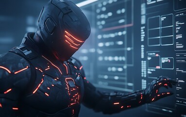 Leinwandbilder - A futuristic figure in a sleek, high-tech suit interacts with glowing data displays, blending technology and cybernetic design.