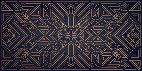 Vector art deco leaves pattern, luxury fancy ornament, prestige floral gatsby background. Gold on black nouveau illustration
