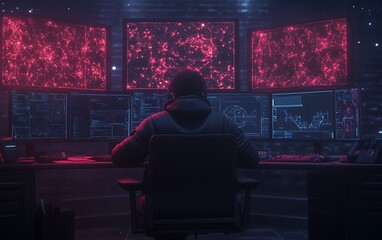 Aufkleber - A shadowy figure sits before multiple glowing screens, immersed in data, shrouded in a futuristic and cybernetic atmosphere.