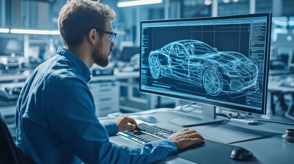 an automotive engineer working on the design and development of a new car, using computer-aided desi