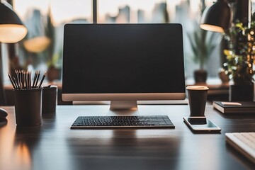 Wall Mural - Minimalist Workspace: A Modern Office Setup with a Clean Desk and Technology