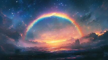 Canvas Print - Vivid Sunset Over Ocean with Bright Rainbow Arching Across the Sky Illuminated by Stars and Celestial Elements in a Dreamy Atmosphere